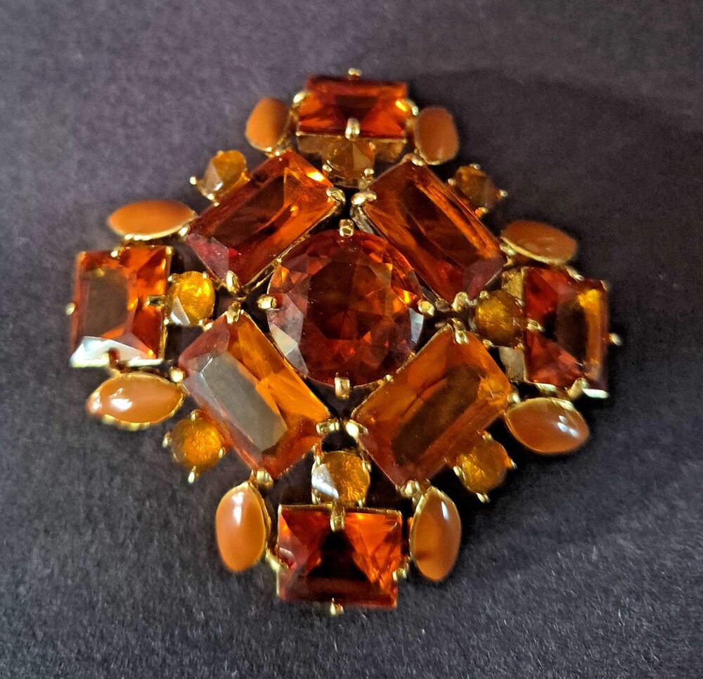 Stunning Joan Rivers Orange Amber Rhinestone MALTESE CROSS Brooch 2.6"